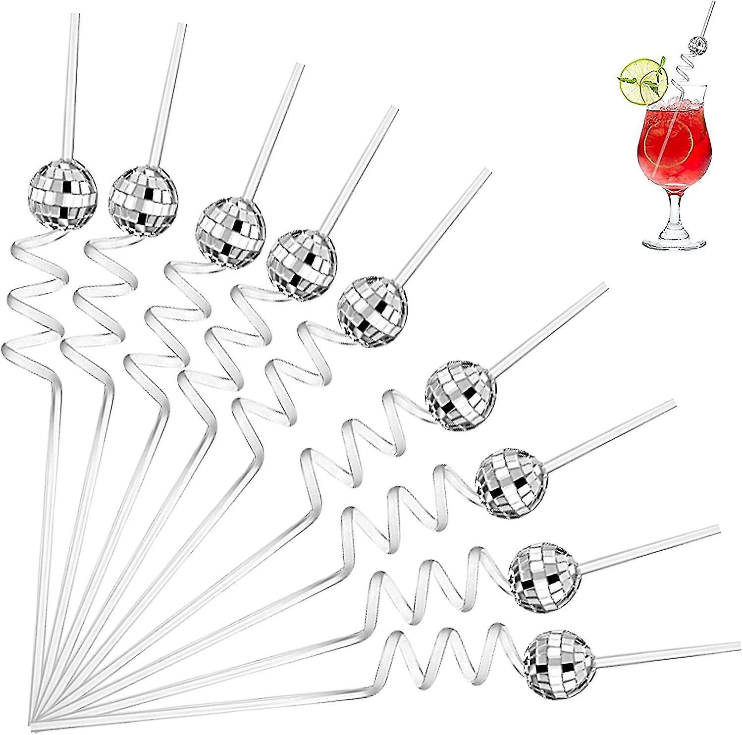 Tianzun 10pcs Mirror Disco Ball Straws, Disco Party Decorations 70s Disco Decorative Straws Disco Ball Stirrers For Dance Party Silver