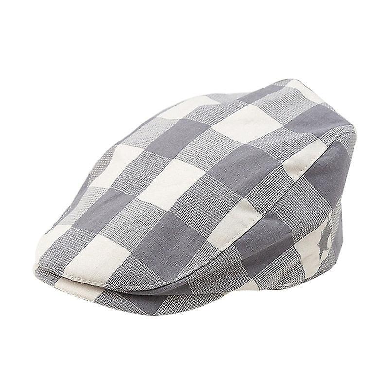 Slowmoose Baby Cotton Linen Handsome Cap, Beret Elastic Kids Hat Gray plaid