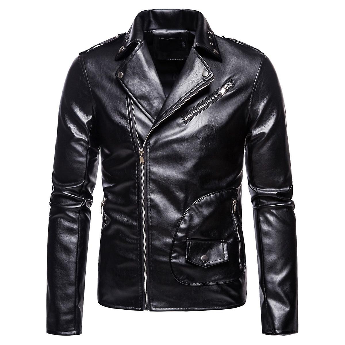 Sliktaa Mens Shiny Waterproof Punk Slim Fit Leather Jacket Black XS