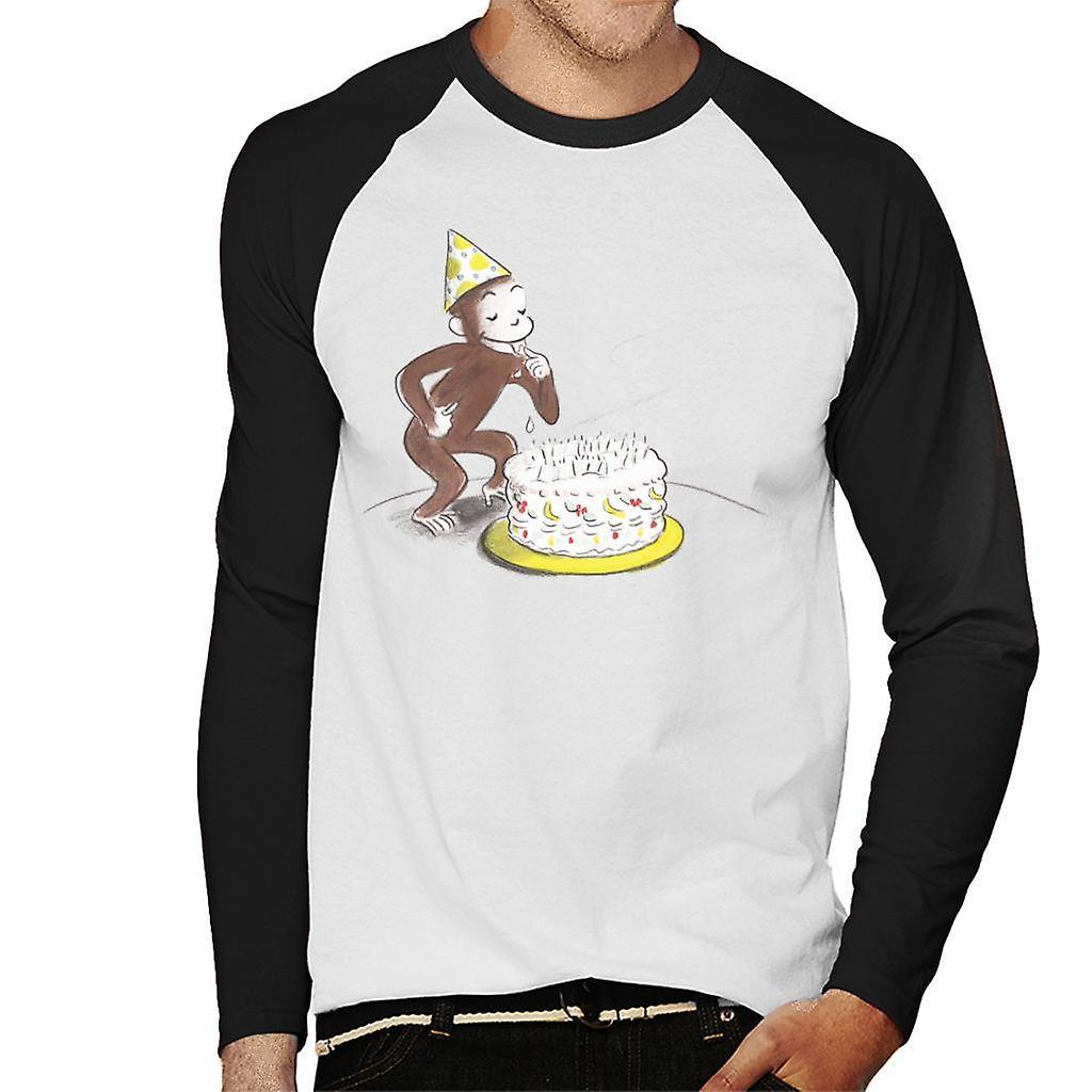 Curious George Eating Birthday Cake Men's Baseball Long Sleeved T-Shirt White/Black Medium