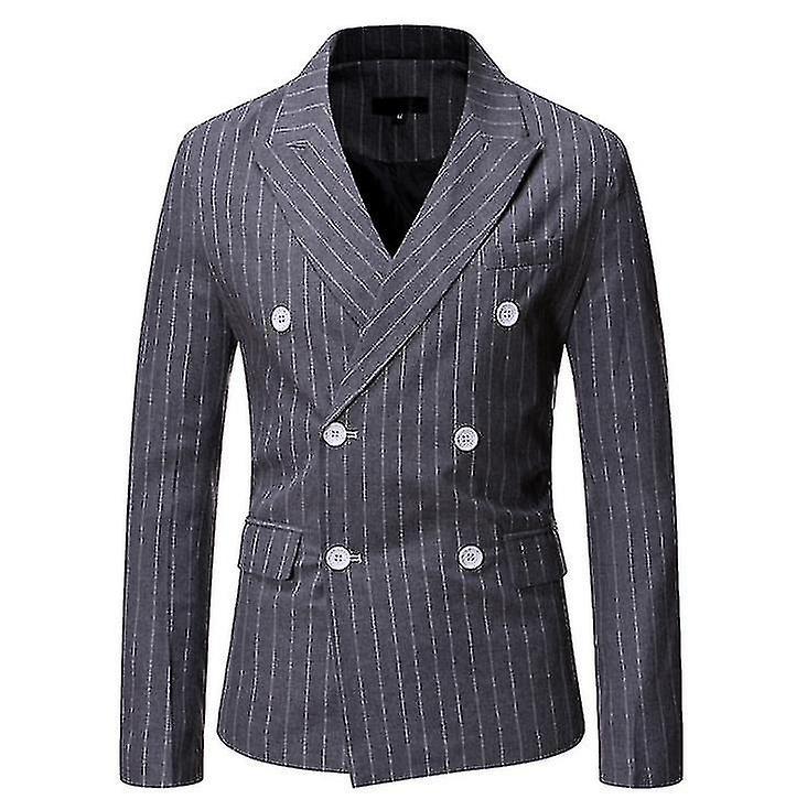 Yesfit New Men's Double Row Two Button Striped Casual Suit Slim Tuxedo Dress grey