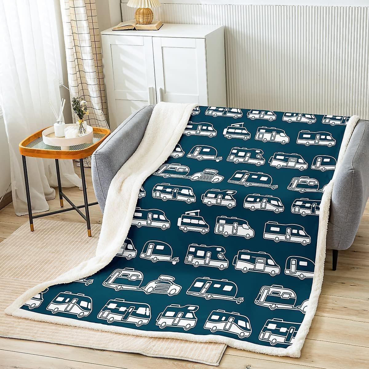 Kerota Boys Great Camping Fuzzy Blanket for Sofa Bed Kids Camper Cars Fleece Throw Blanket Girls Teens Rv Travel Car Sherpa Blanket Navy Blue Green...