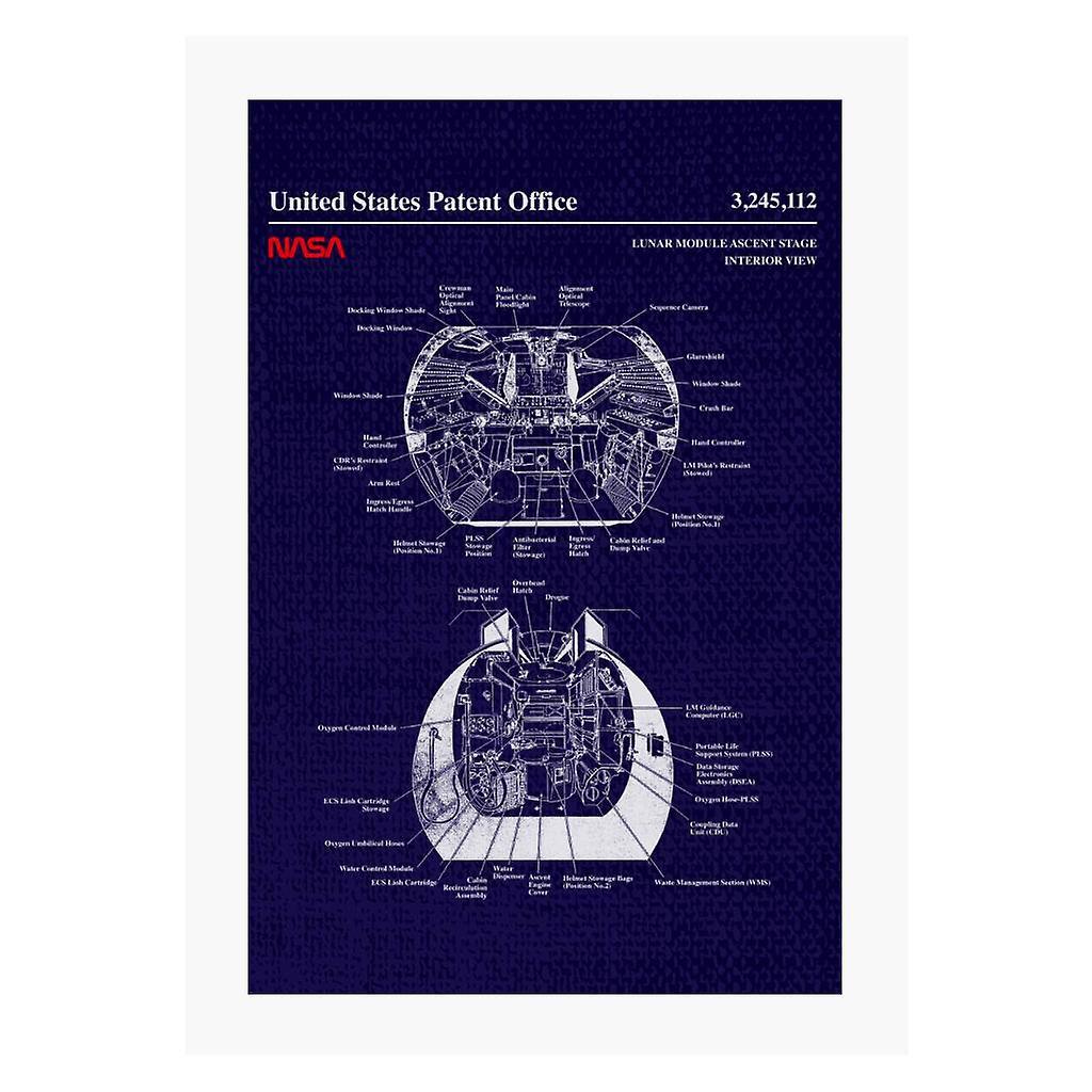 NASA Lunar Module Ascent Stage Interior Blueprint A4 Print Navy Blue 21cm x 29.7cm