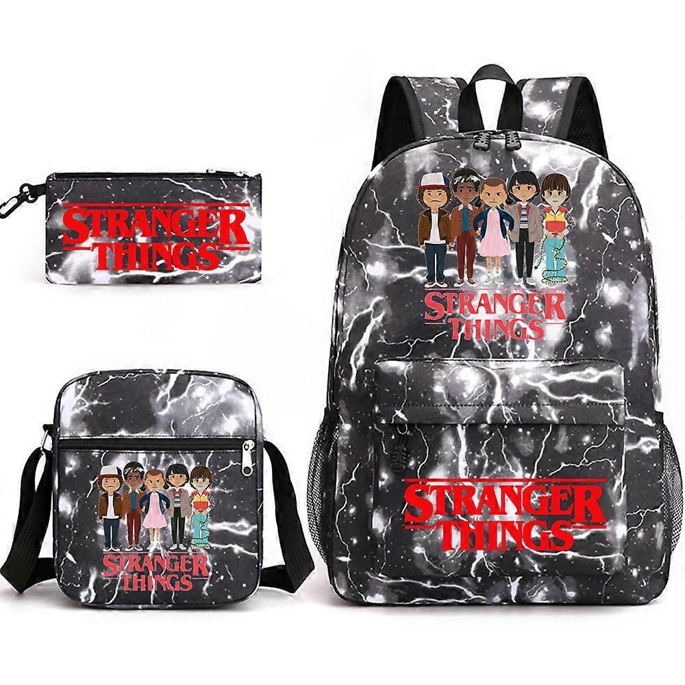 Bagadawang Stranger Things Backpack 3Pcs Set Student School Bag Diagonal Bag Lightning Black