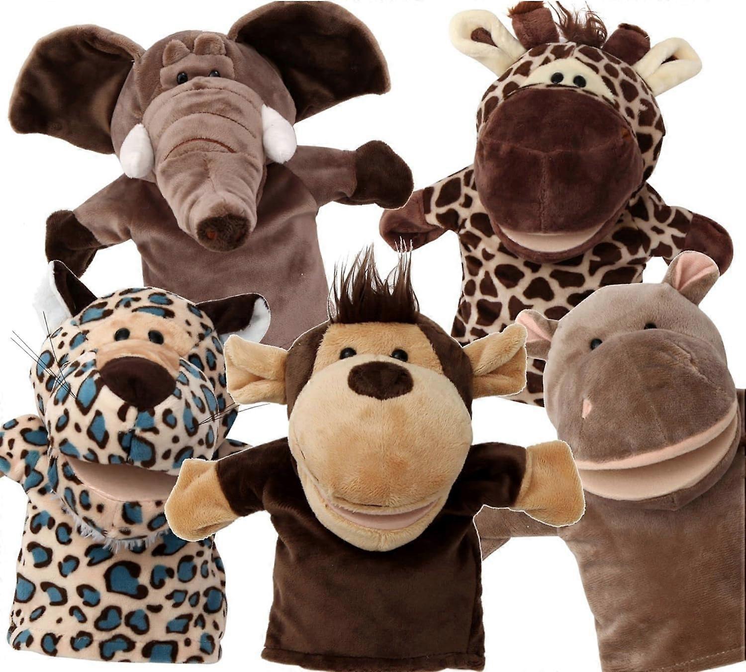 Heyone 5-Piece Set Animal Hand Puppets/Zoo, Safari, Farm, Wildlife/Movable Open Mouth/Plush Pretend Toys/Monkey, Elephant, Giraffe, Hippo and Leopard