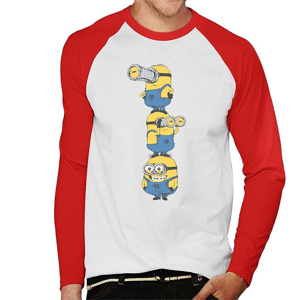 Despicable Me Minions Standing Tower Men's Baseball Long Sleeved T-Shirt White/Red X-Large