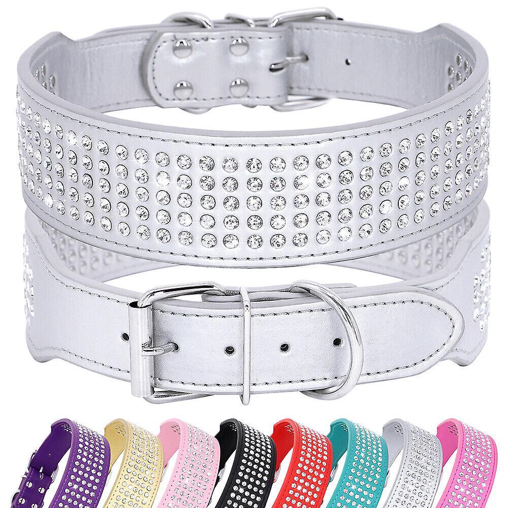 Didog 5 Row Rhinestone PU Leather Dog Collars Diamante Bling for Large Dogs 2.0" wide Silver XL:Neck 48-55cm