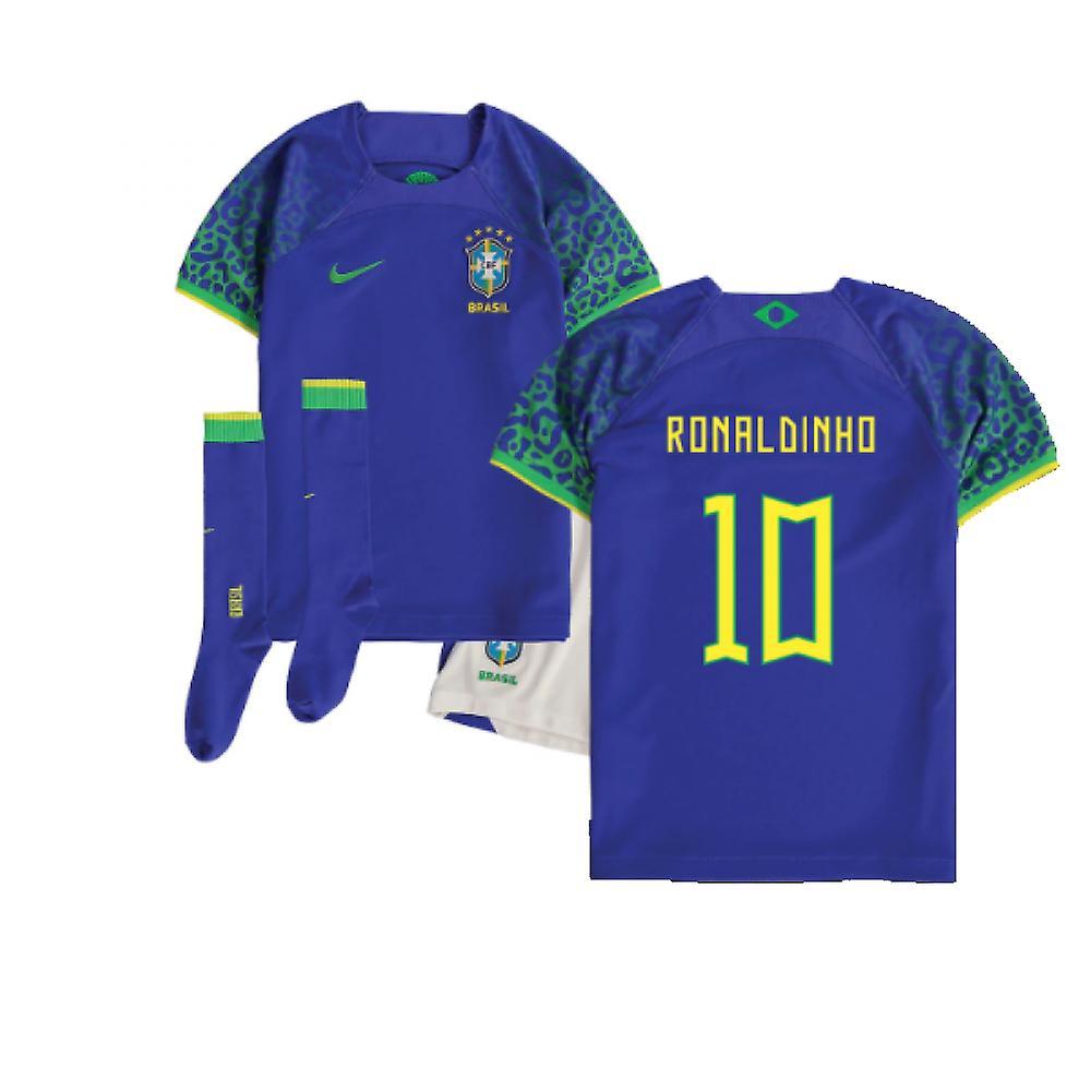 Nike 2022-2023 Brazil Away Little Boys Mini Kit (Ronaldinho 10) Blue SB 4/5yrs (104-110cm)