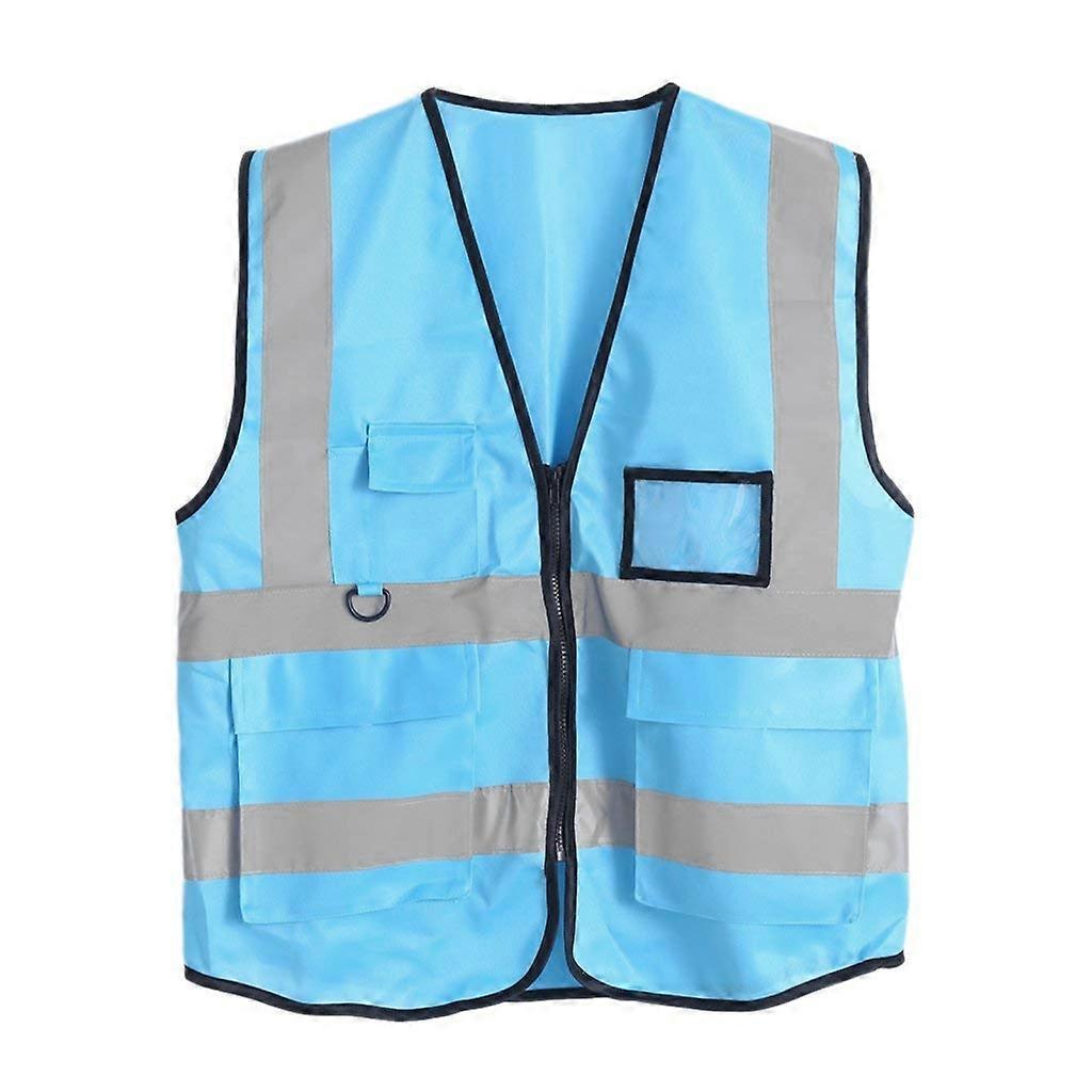 Unbrand Hi-Vis Safety Vest With Zipper Reflective Jacket Security Waistcoat 5 Pockets Light blue