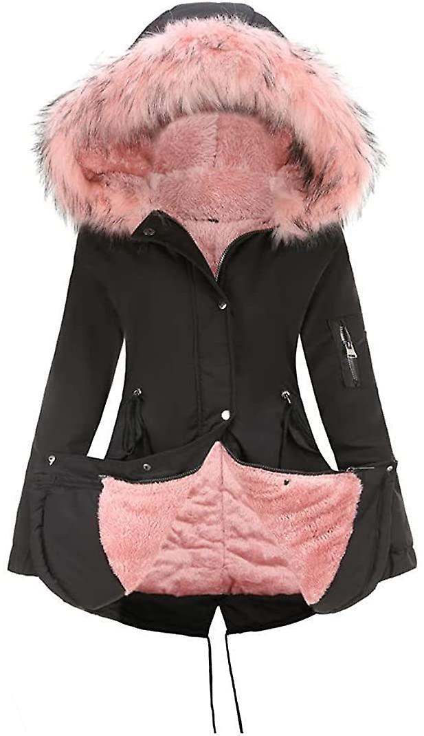 Huxmotor Women Warm Faux Fur Hooded Jacket Long Sleeves Fleece Lined Winter Coat Winter Parka Outerwear BlackPink L