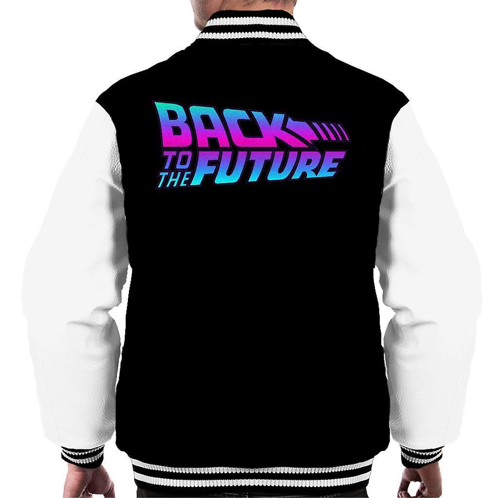 Back to the Future Pink And Blue Gradient Logo Men's Varsity Jacket Black/White X-Large