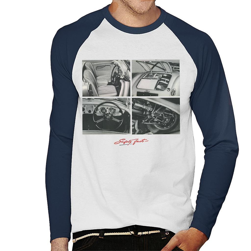 MG Safety Fast Montage British Motor Heritage Men's Baseball Long Sleeved T-Shirt White/Navy Small