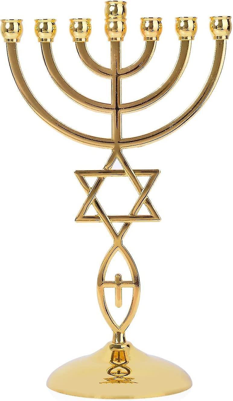 Beangle Menorah 7 Branch, Gold Plated Star Of David Jewish Candle Holder (21cm, Gold)