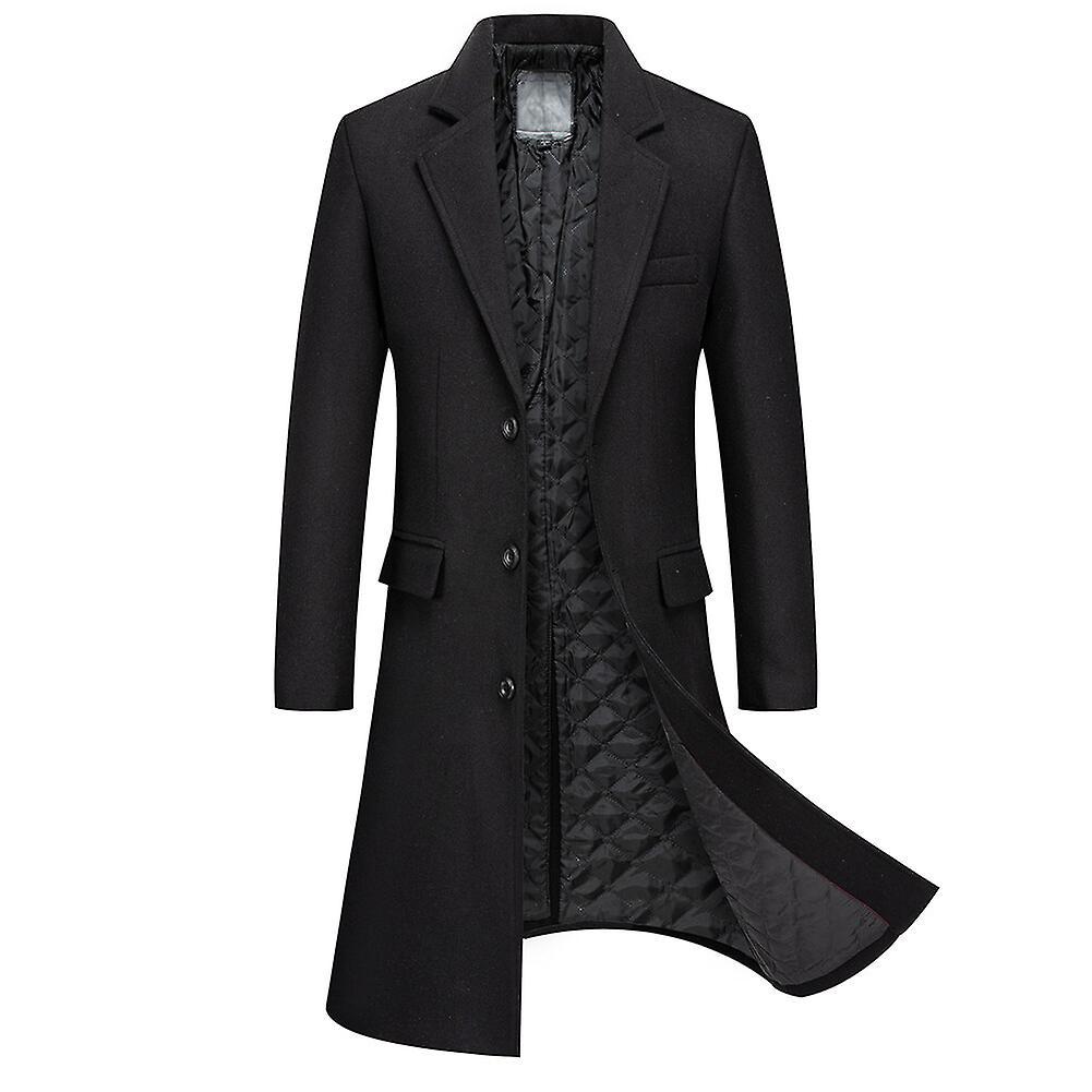 Sliktaa Mens Long Single Breasted Jacket Wool Blend Coat Winter Overcoat Black M