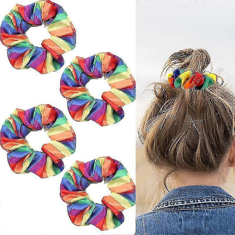 Aromujoy 4pcs Rainbow Hair Ties Elastic Scrunchies Lgbt Ponytail Holder Festival Celebration Pride Hair Accessories For Girls Women