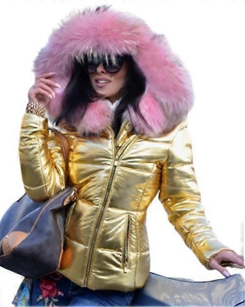 Mmcici Womens Quilted Winter Coat Fur Collar Hooded Down Jacket Gold M