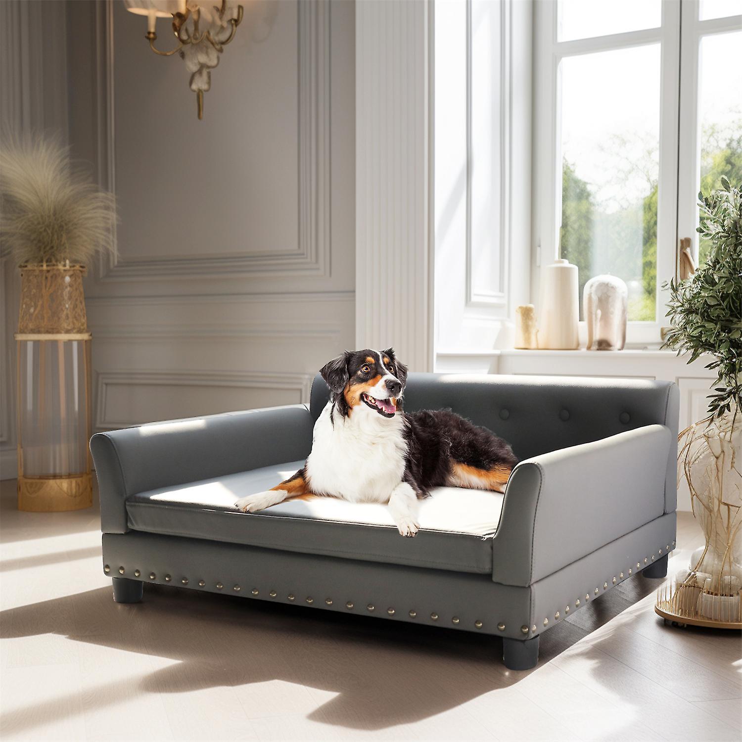 Unho Xl Elevated Dog Sofa Bed Microfiber Leather Couch Rivet Accent Lounge Chaise Bed Grey 96x72x40cm