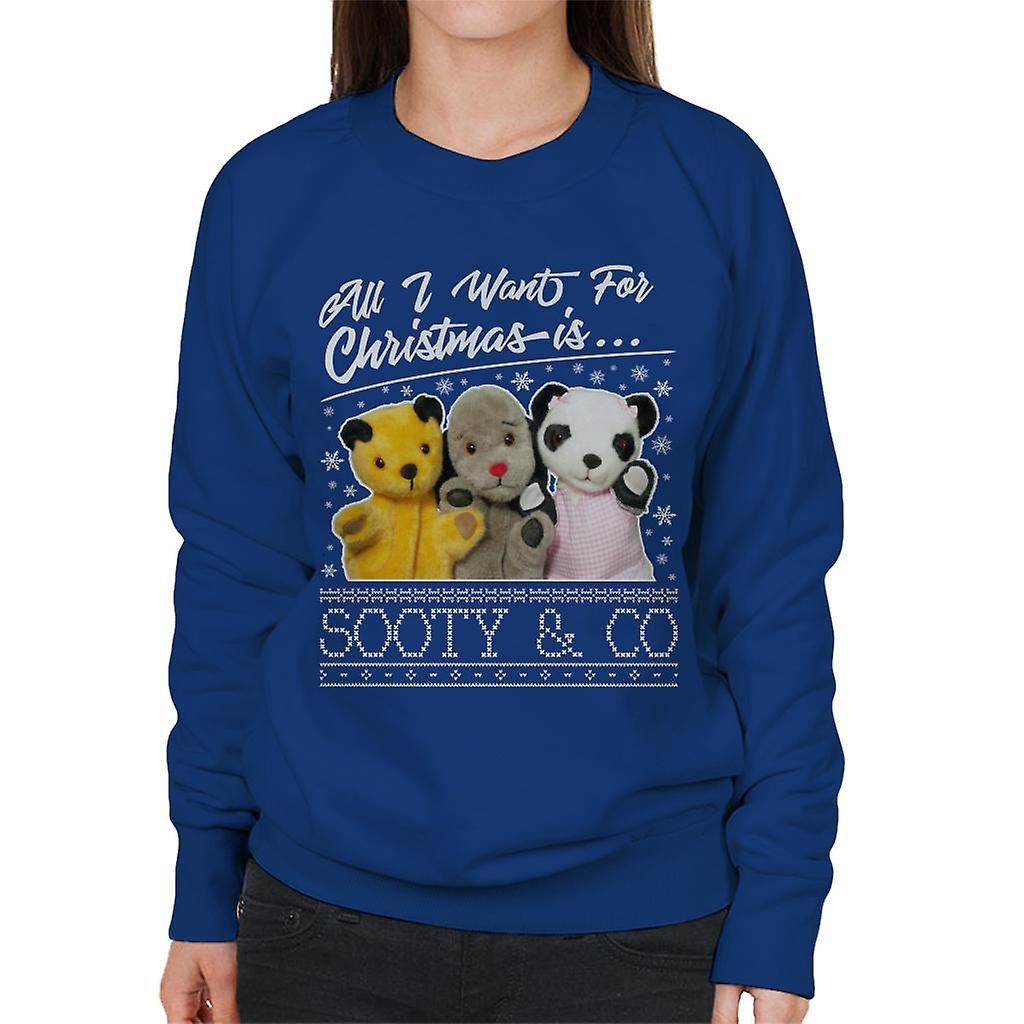 Sooty Christmas All I Want For Christmas Is Sooty And Co Women's Sweatshirt Royal Blue XX-Large