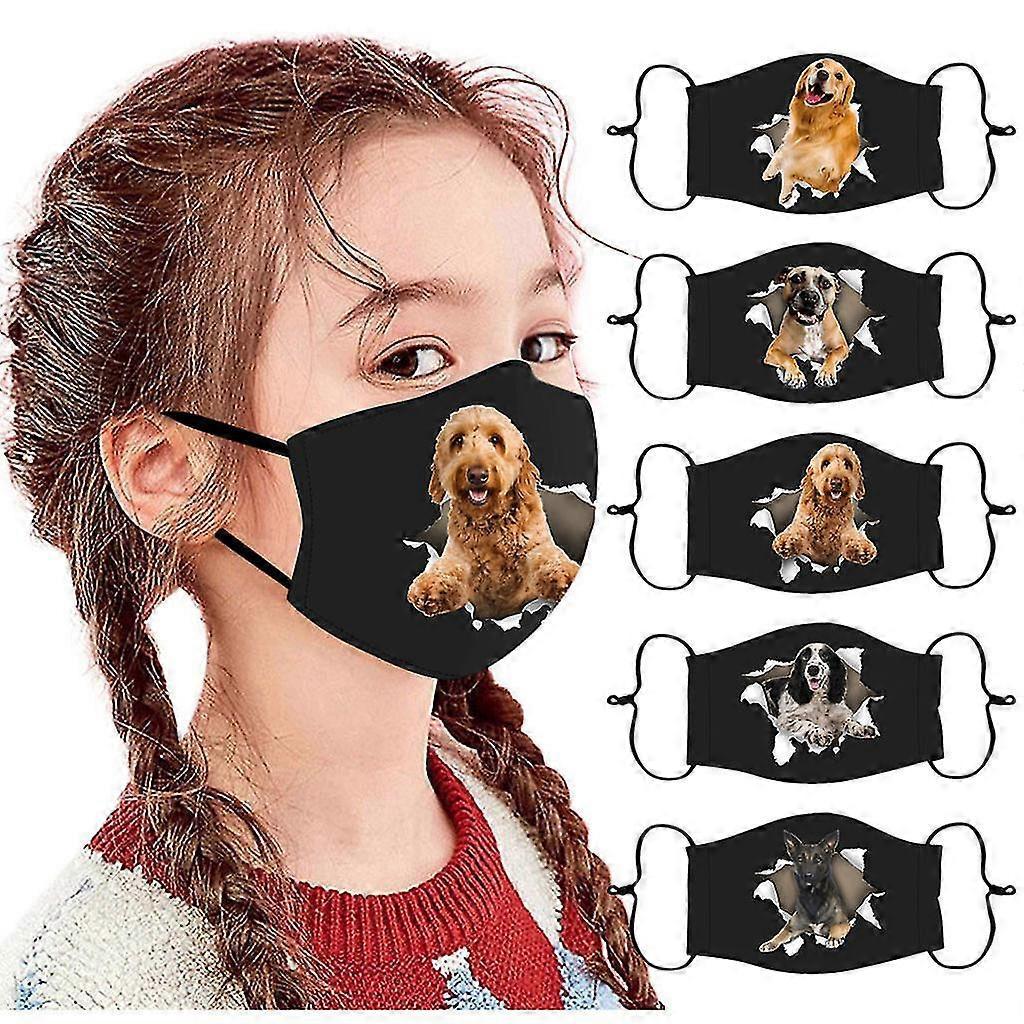 Ergocar 5pc Children's Adjustable Windproof Reusable Dog Printed Face Mask Black