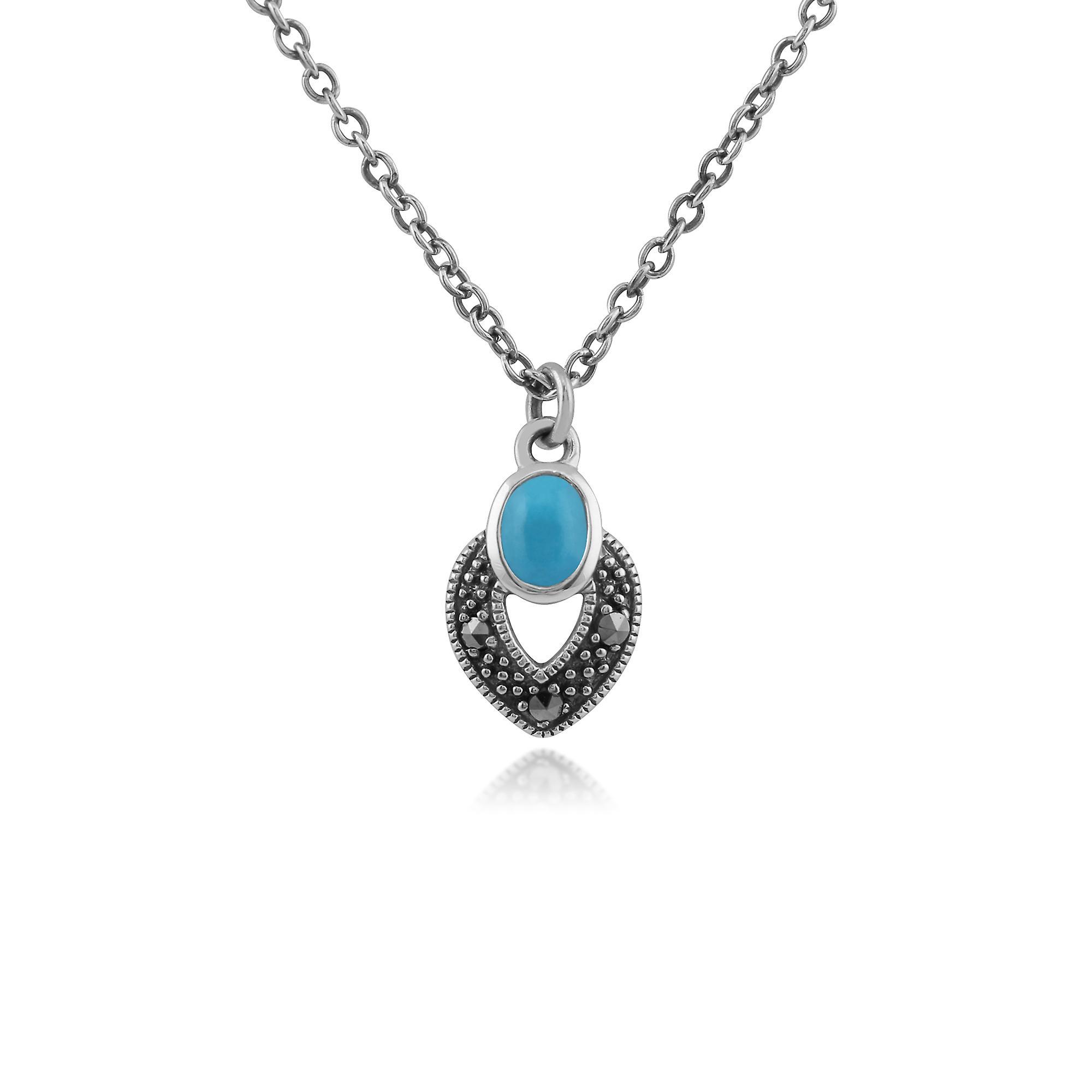 Gemondo Art Deco Style Oval Turquoise & Marcasite Necklace In 925 Sterling Silver 214N688202925 One Size