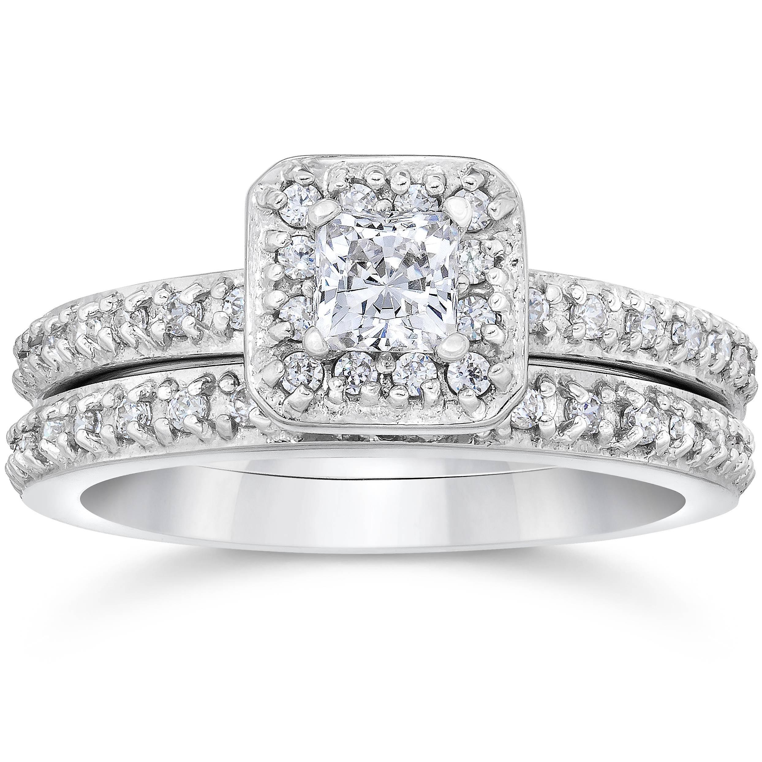 Pompeii3 1 1/4ct Princess Cut Vintage Pave Halo Diamond Engagement Ring 14K White Gold 4.5