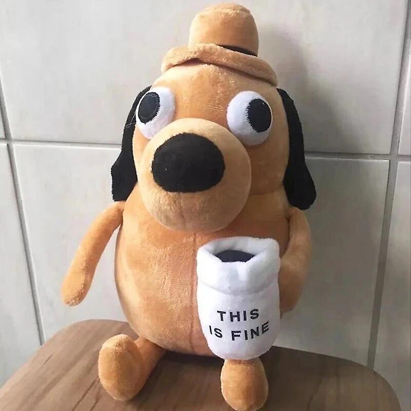 Aintier This Is Fine Meme Coffee Dog Plush Toy Soft Stuffed Doll Stuffed Plush Animals Kids Toy Gift for Children Boy Birthday WHITE