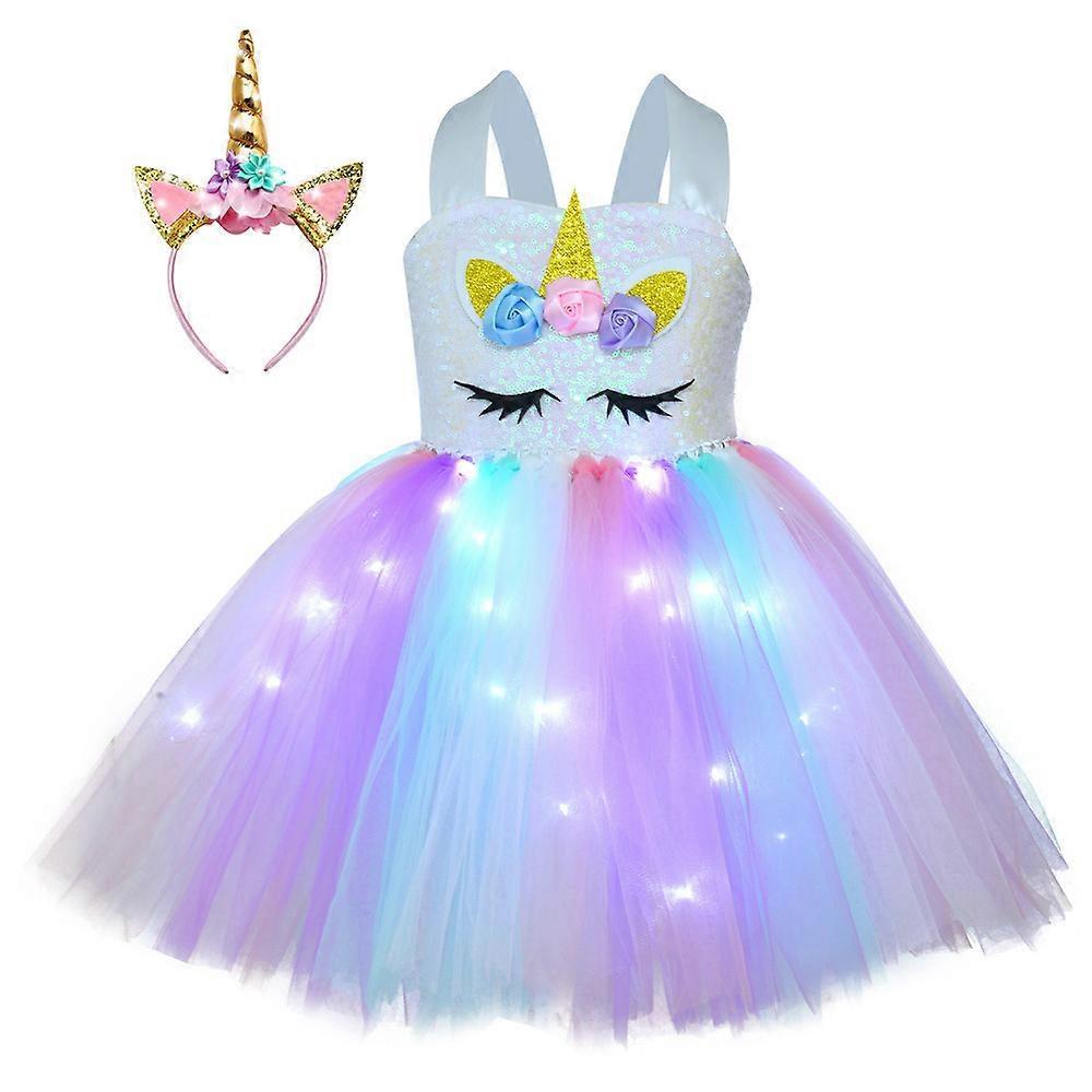 Princess Tutu LED Unicorn Dress for Girls Rainbow Light Up Costumes White light L(5-6Y)