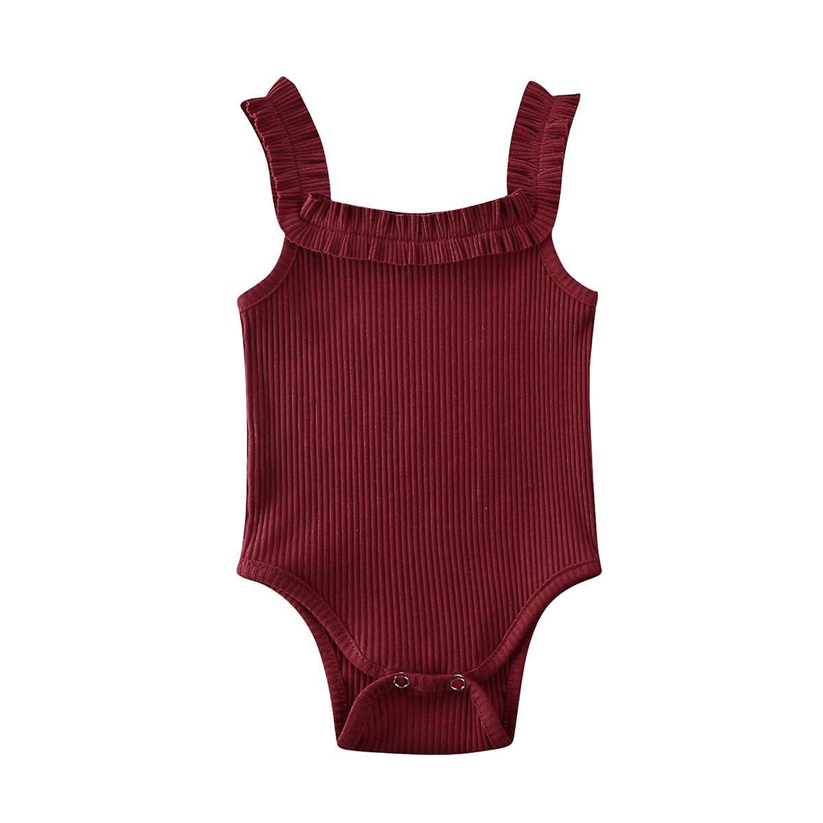 Slowmoose Baby Summer Clothing, Newborn Sleeveless Cotton Bodysuit, Ribbed Ruffled Wine Red 24M