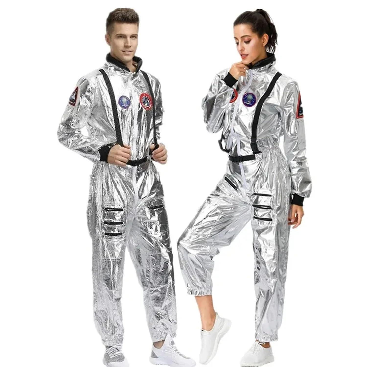 Longzhen Astronaut Costume Space Suit For Adult Cosplay Costumes, Zipper Silver Space Costume Couple Flight Jumpsuit for Mens Womens XL for Women