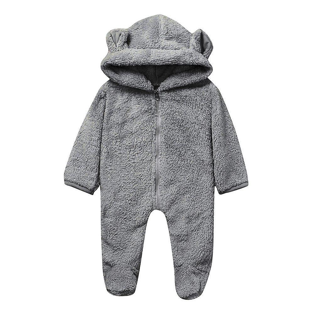 Slowmoose Newborn Baby Winter Fleece Jumpsuit-hooded Romper Gray 6M