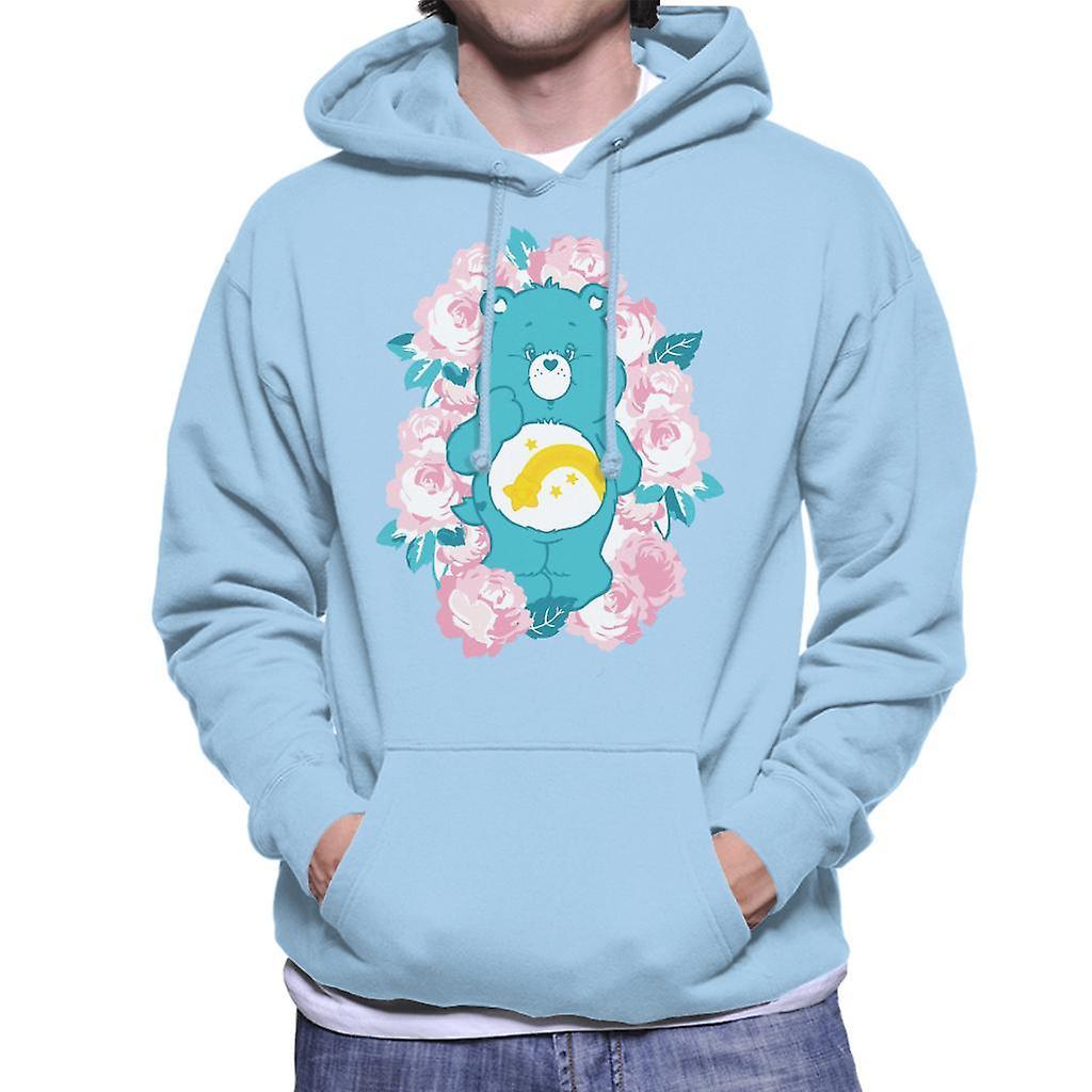 Care Bears Wish Bear Pink Flowers Men's Hooded Sweatshirt Sky Blue Large