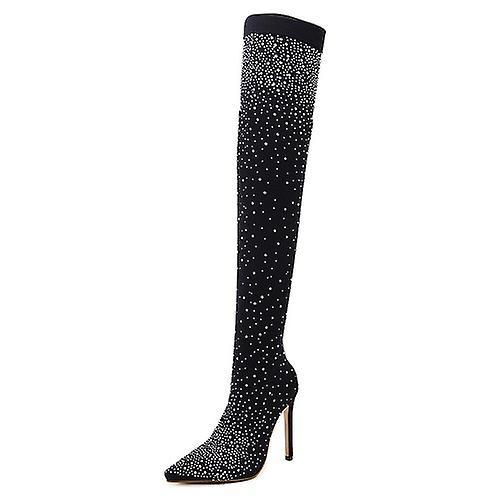 El Contente Crystal Fabric Over-the-knee Pointed Toe 11cm Heel Boots For Women Black 41