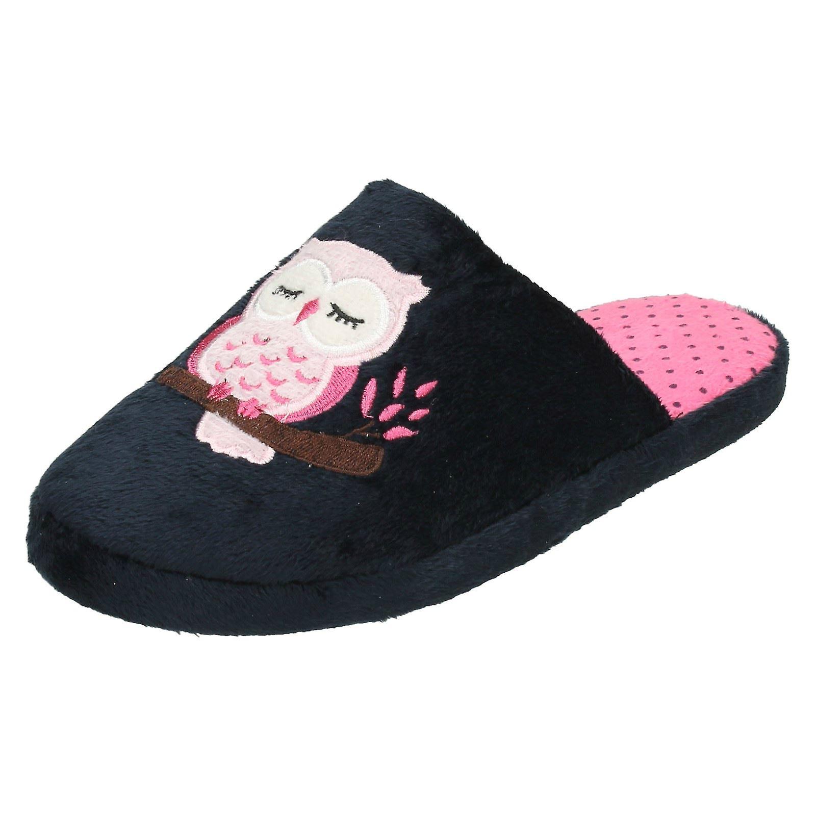 Ladies Spot On Owl Print Mule Slipper X2093 Navy (Blue) UK 3-4