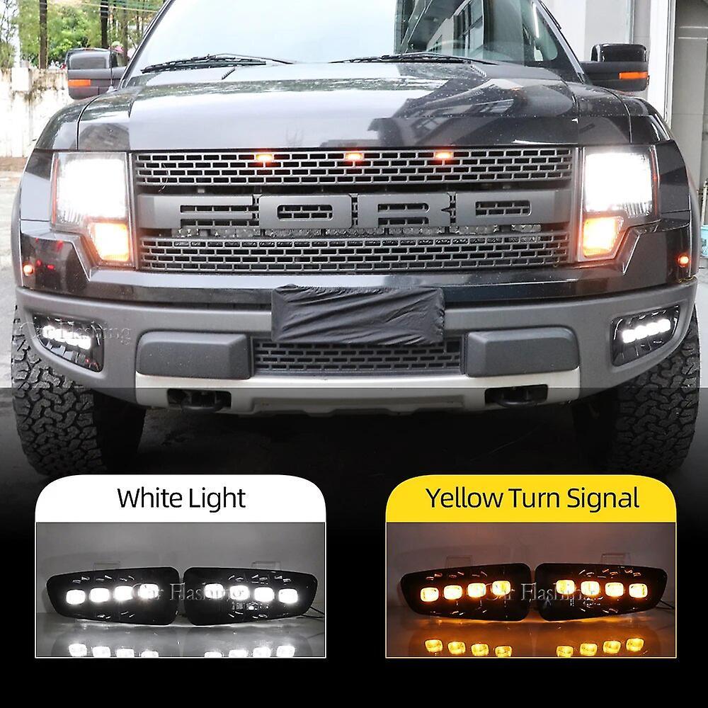 Scitoo 1 Pair Drl Led Daytime Running Lights For Ford Raptor Svt F150 2009 2010 2011 2012 2013 2014 With Turn Signal Yellow Fog Lamp White and Yellow