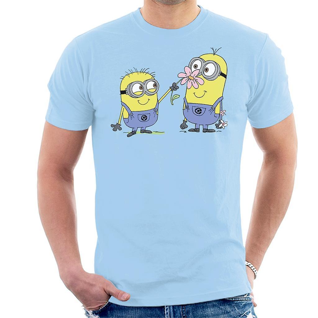 Despicable Me Minions Sniffing Flower Men's T-Shirt Sky Blue Large