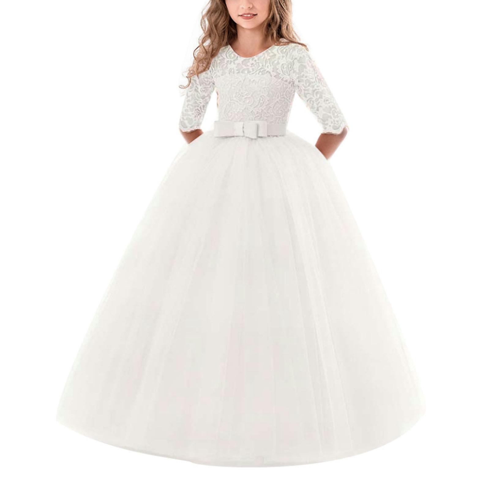 Pyltt Flower Girl Lace Dress For Kids Wedding Bridesmaid Pageant Party Prom White 170cm