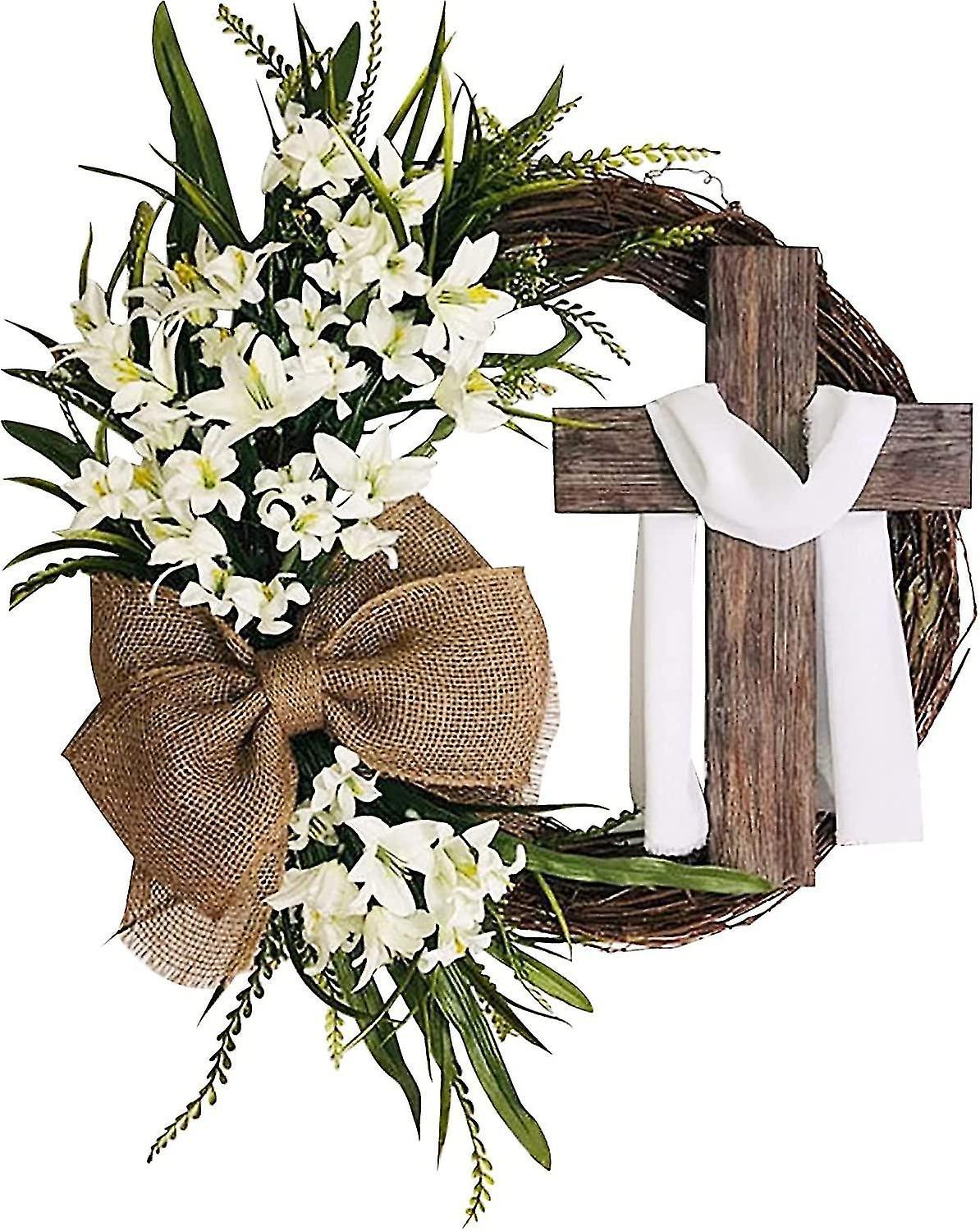 Tianzun Easter Wreath Door Hanging Decoration With Cross, Bouquet Garland For Front Door Decor, Simulation Plant Flower White