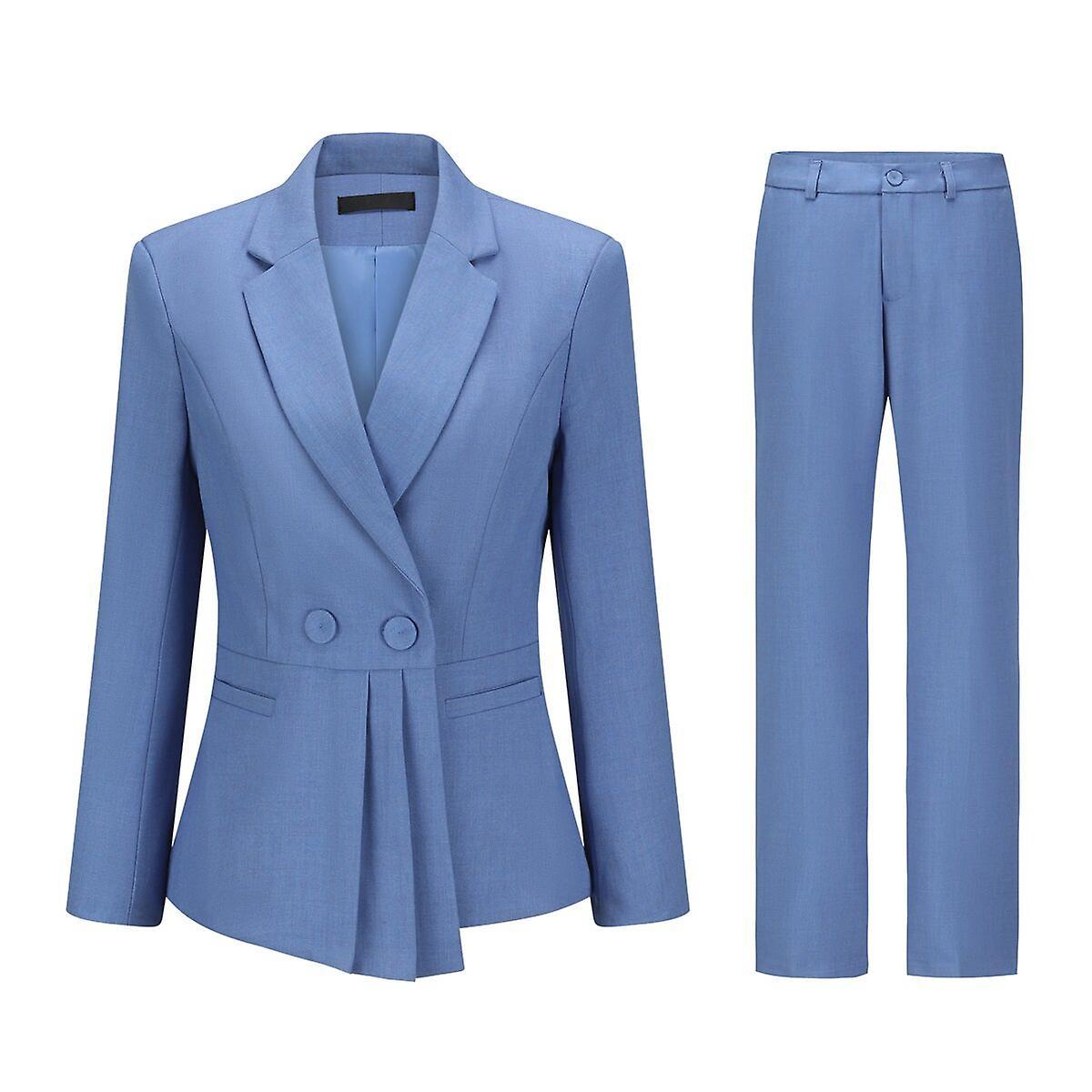 Yynuda Womens 2-piece Elegant Business Suit Folded Hem Blazer+pants Blue XL