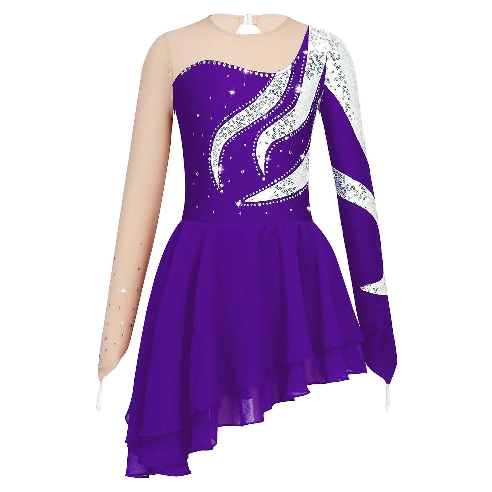 Aionyaaa Kids Girls Figure Skating Dance Dress Sheer Mesh Long Sleeve Shiny Sequins Leotard Tutu Ballet Rhythmic Gymnastics Dancewear Purple 10