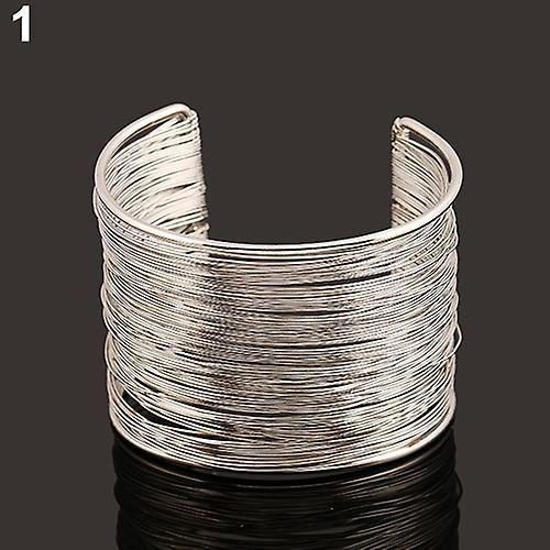 Merryso Fashion Women's Multilayer Metal Wires Strings Open Bangle Wide Cuff Bracelet Silver