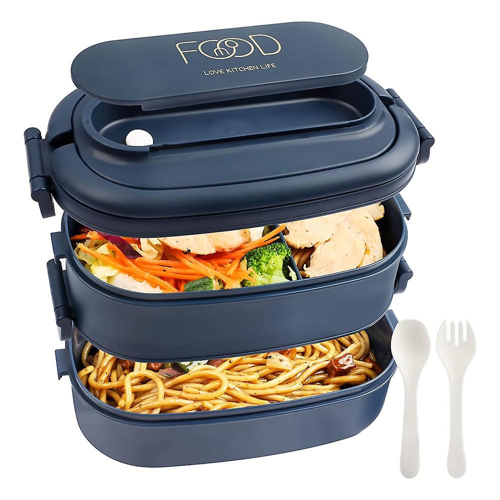 Camila Lunch Box - 2 tier lunch box with 3 compartments - Bento box with cutlery - COLOR: Navy blue