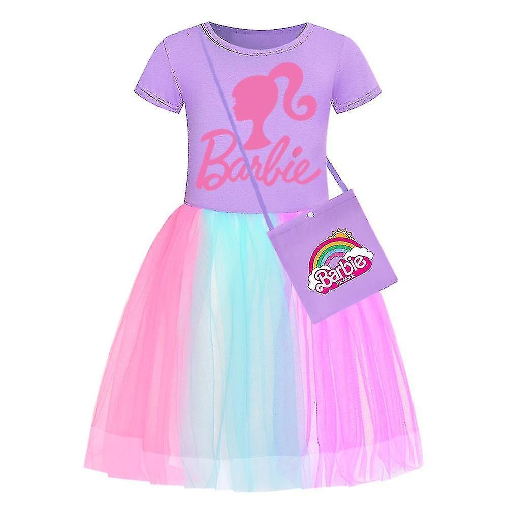 Zhenv Barbie-pink Girls' Dress Kids Barbie Dress Star Rainbow Lace Skirt And Crossbody Bag Set E 140