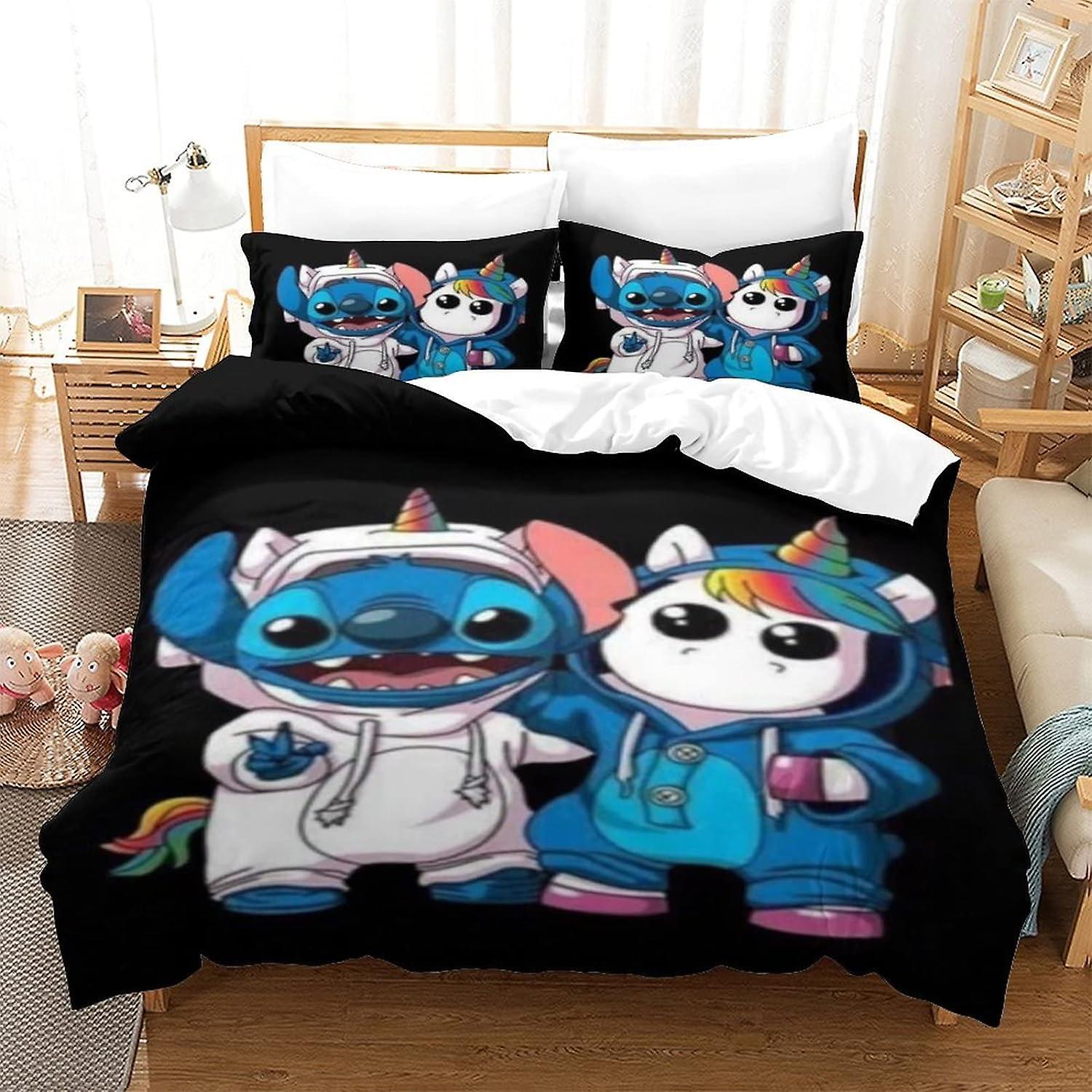 Kerota Stitch Duvet Cover with Pillowcases Lilo & Stitch Printed Bedding Set with Zipper Closure Duvet Cover Set Suitable for Boys Single135x200cm