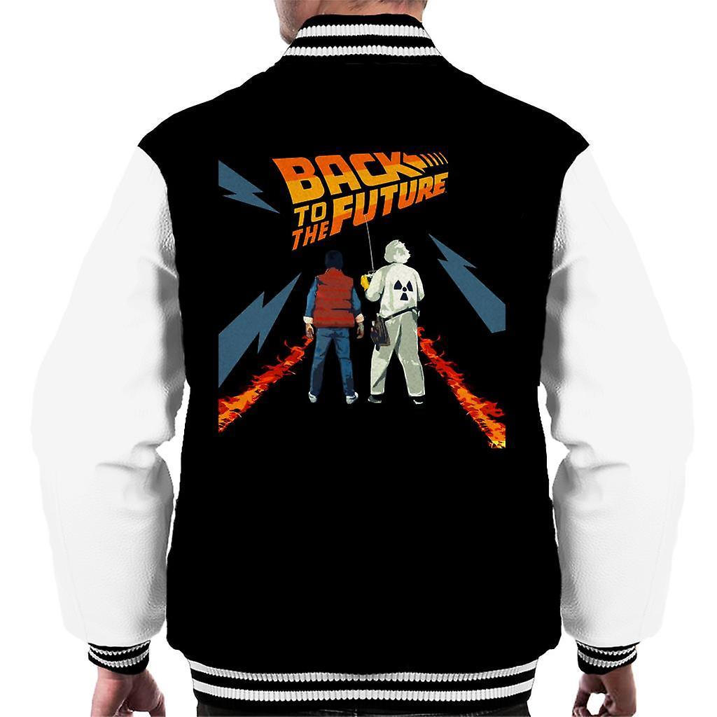 Back to the Future Delorean Fire Trail Marty And Doc Men's Varsity Jacket Black/White XX-Large