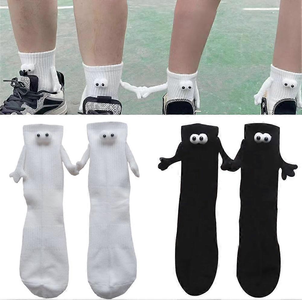 Frusde 2 Pairs Funny Magnetic Suction 3D Doll Couple Socks, Couple Holding Hands Funny Socks, Mid-Tube Cute Socks Funny Gifts Black white