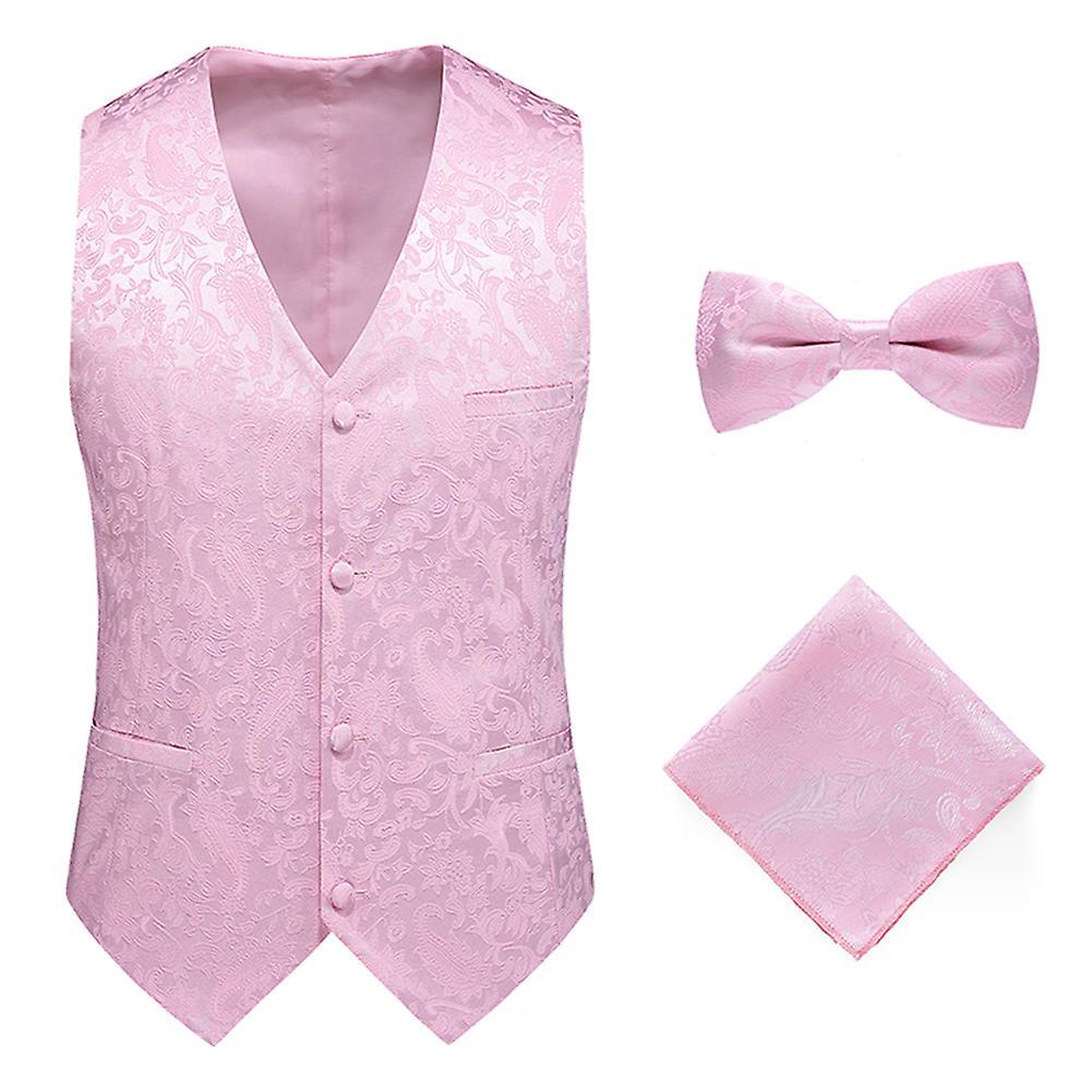 Yunclos Mens Formal Wedding Paisley Waistcoat Bow Tie Set Jacquard Woven Suit Vest Pink M