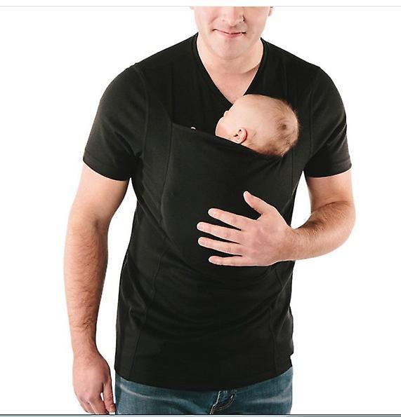 Lbh Men's Baby Strap Shirt, V Neck Short Sleeve Kangaroo T Shirt, Comfortable Breathable Cotton Kangaroo Shirt for dad and Baby black 2XL