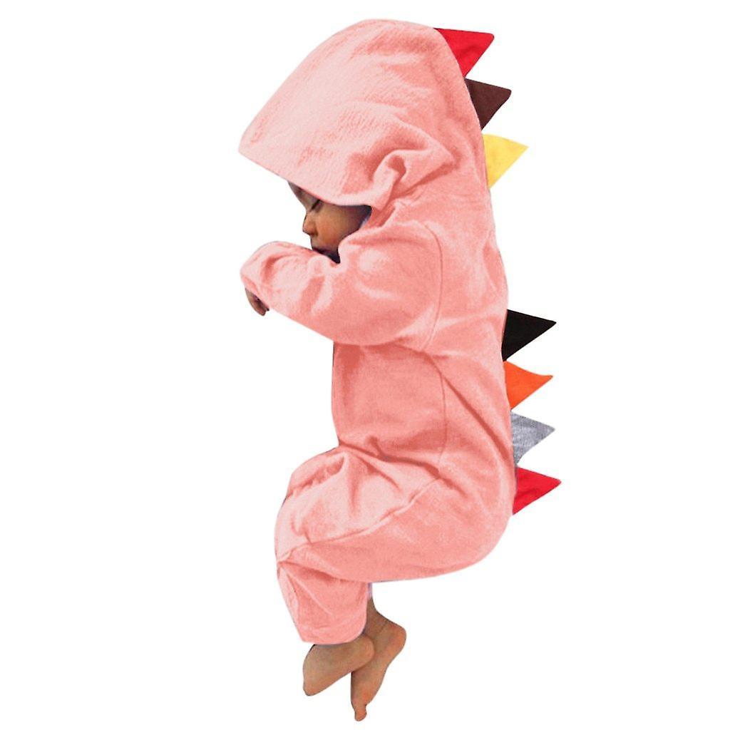 Slowmoose Dinosaur Patchwork, Long Sleeve, Hooded Jumpsuit For Babies Pink 24M