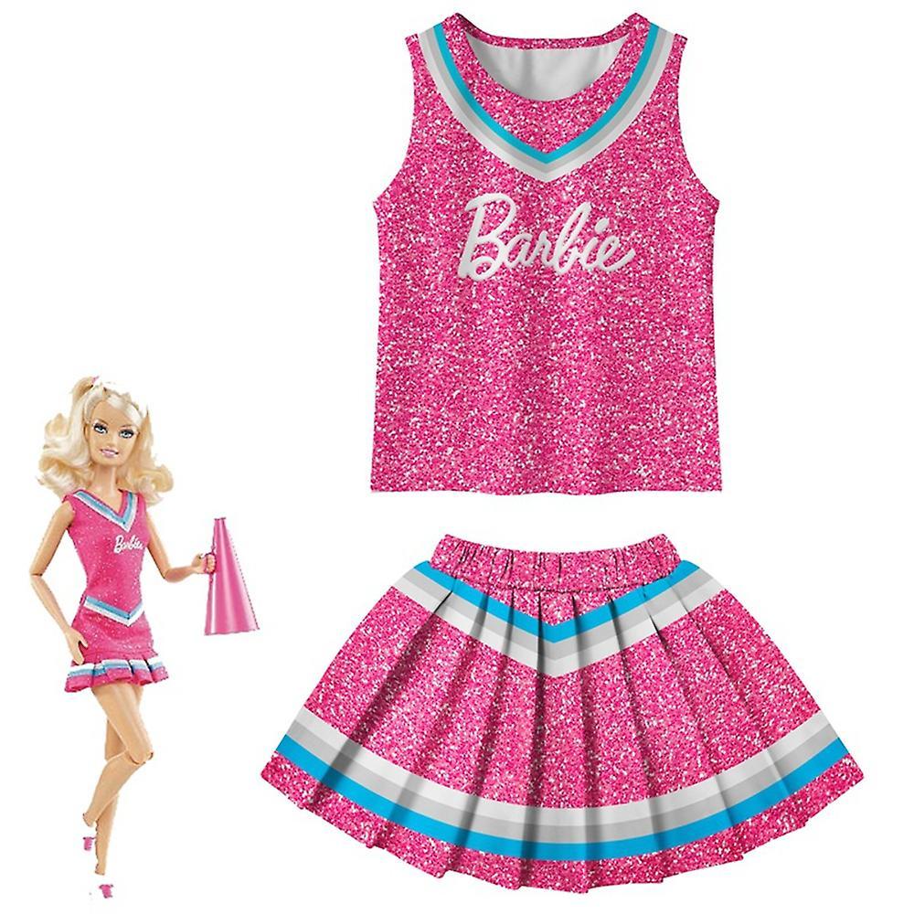 Sevenday Halloween Kids Girls Barbie Cheerleader Cosplay Costume Tank Tops Pleated Skirt Uniform Set Party Fancy Dress Up Outfit Rose Red 6-7 Years