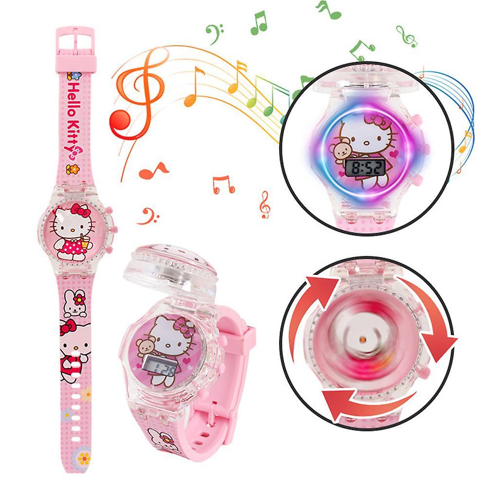 Vicbuy Gifts Watch Flashing Light Up Glow Digital Musical Watches Spinning Top Flip Cover Wrist Watch Kids Hello Kitty